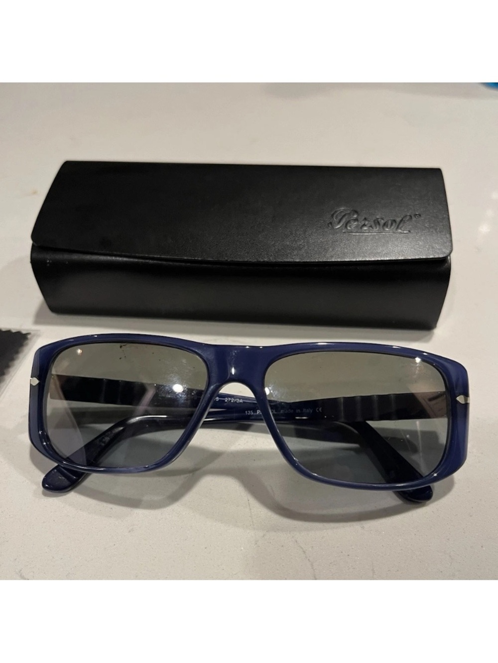 PERSOL SUNGLASSES NWOT Blue Frame Gray Glass Lenses Never Worn 56-15-135